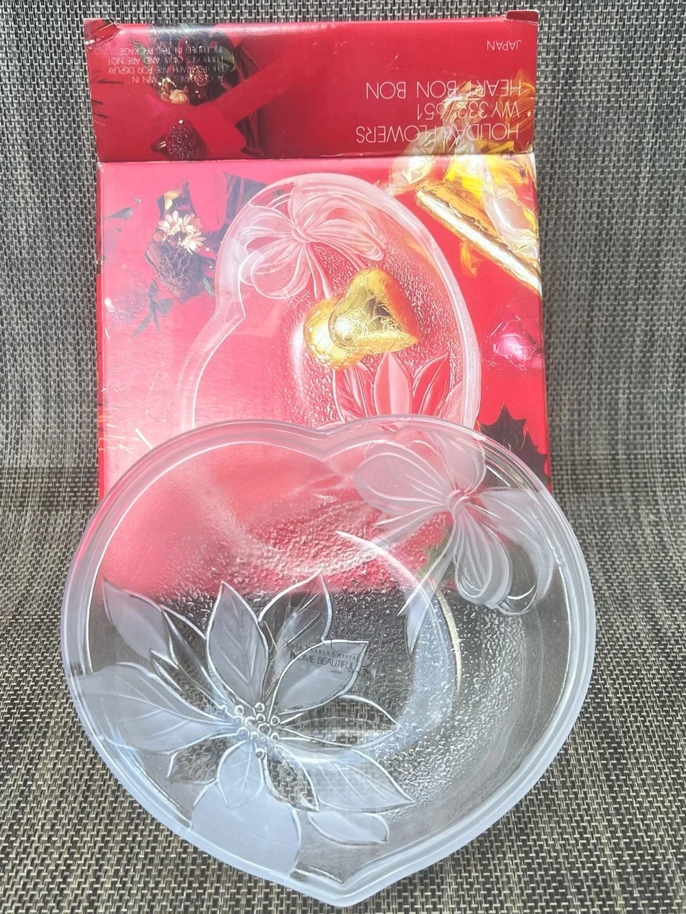 Vintage Heart Shaped Frosted Glass Trinket Jewelry Dish Floral Japan